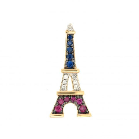 18K Yellow Gold Diamond & Ruby & Blue Sapphire Eiffel Tower Pendant