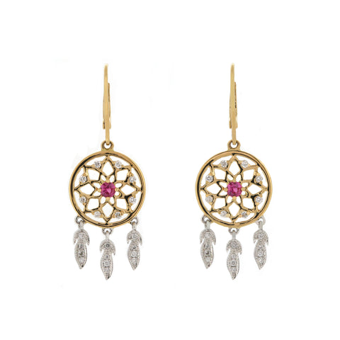 18K White & Yellow Gold Diamond & Pink Sapphire Earrings | 18K 白金及黃金钻石及粉紅宝石耳环